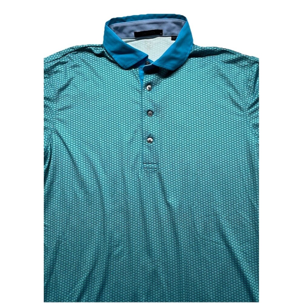 Greyson Polo Mens M Teal Ironwood Golf Geometric AOP Shirt Preppy Athleisure